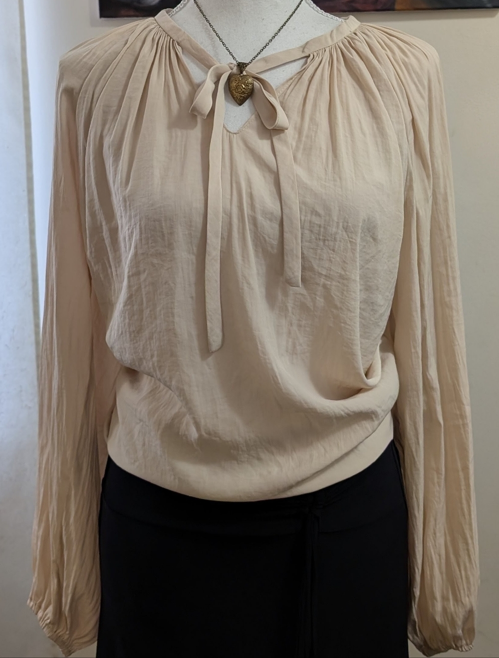 Tahari Soft Beige Tie-Neck Long Sleeve Blouse
